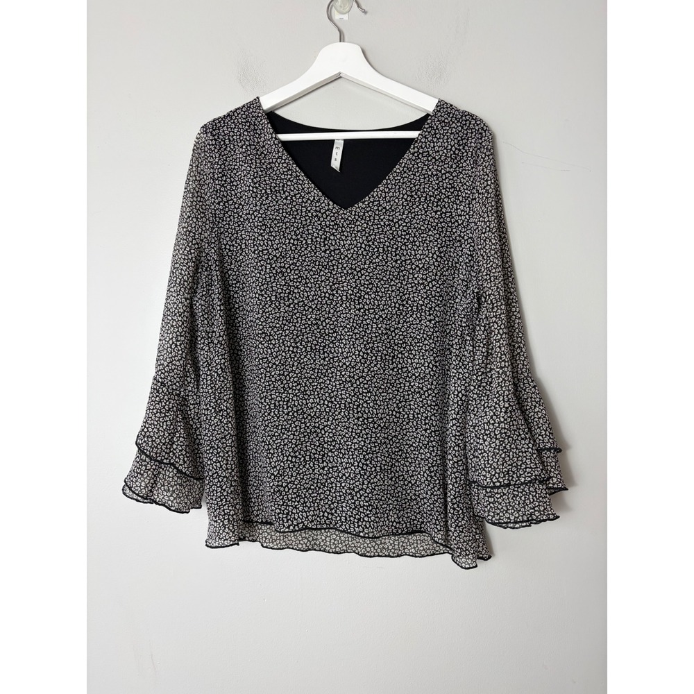MTS Leopard Print V-Neck Blouse‎ Black White Ruffle Bell Sleeve Top Medium T8718